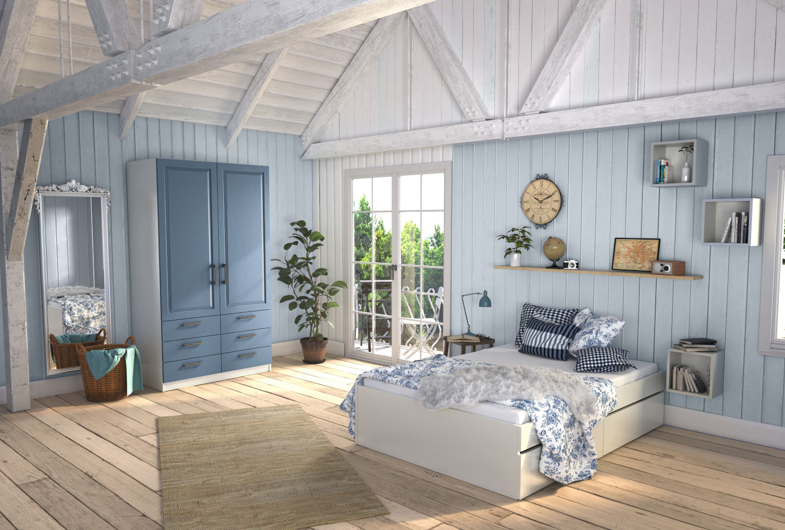 Slaapkamer met kledingkast op maat met kaderfront gelakt in duifblauw