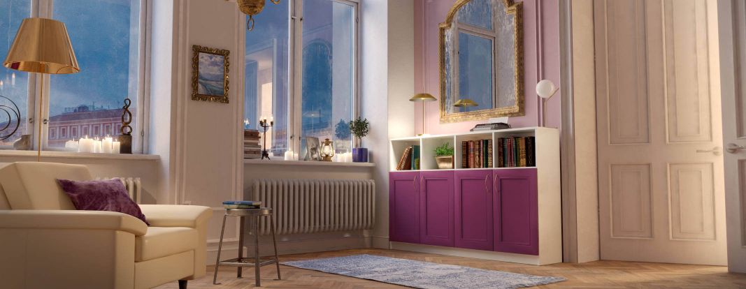 Commode op maat in wit met paarse deuren met kaderfront