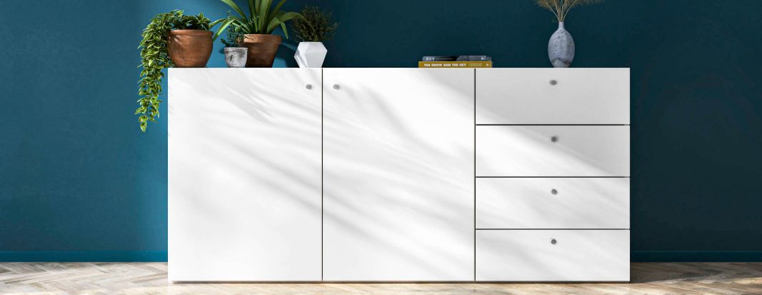 Lang dressoir op maat met opliggende deuren en frontladen