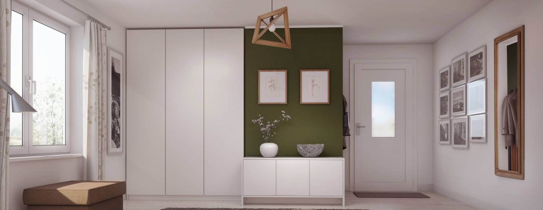 Smalle kast op maat voor de hal in wit en bijpassende sideboard
