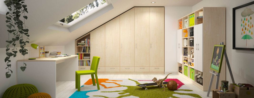 Kinderkamermeubels op maat, kast met schuine kant links