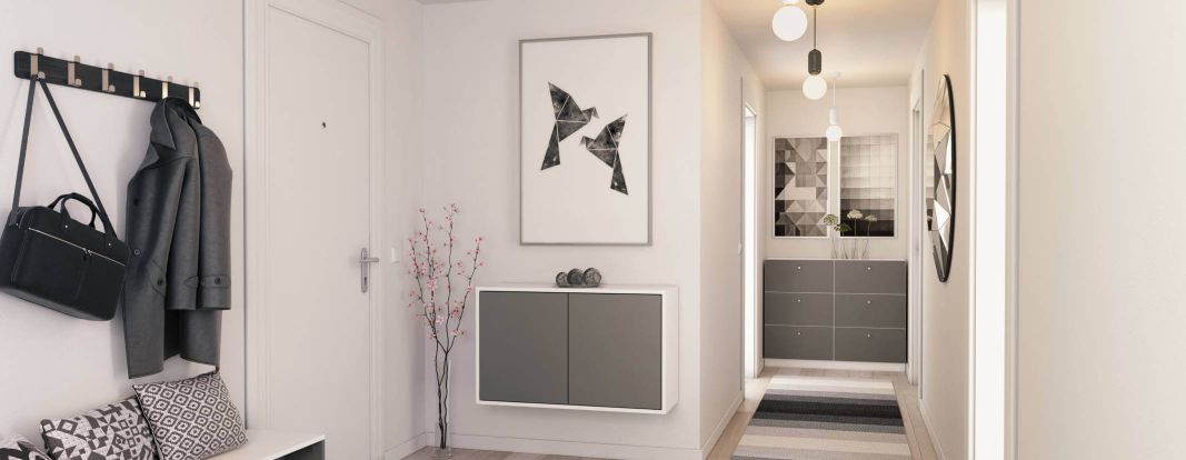 Zwevend dressoir op maat in wit met inliggende deuren in grijs