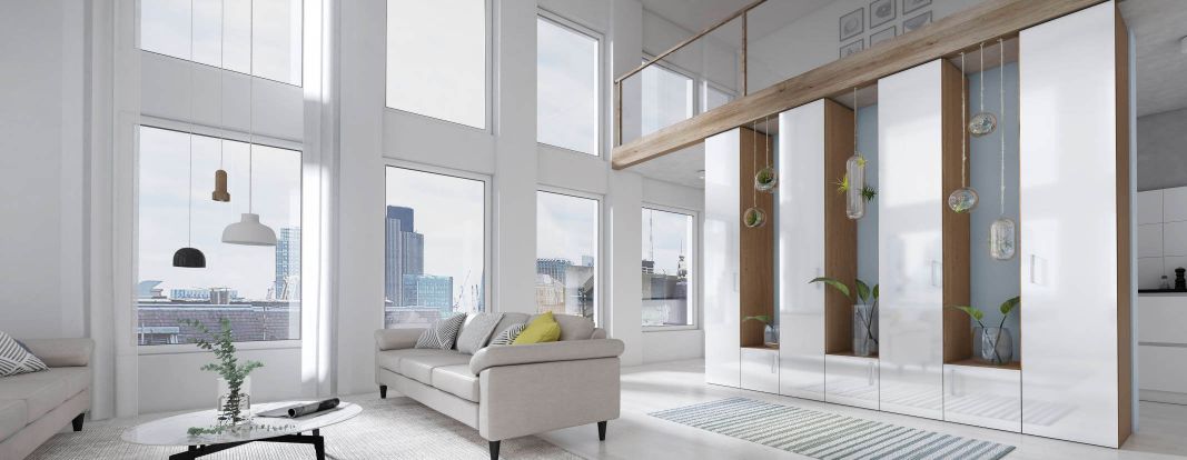 Moderne woonkamer met een extravagante woonkamerkast in wit met hoogteverschil