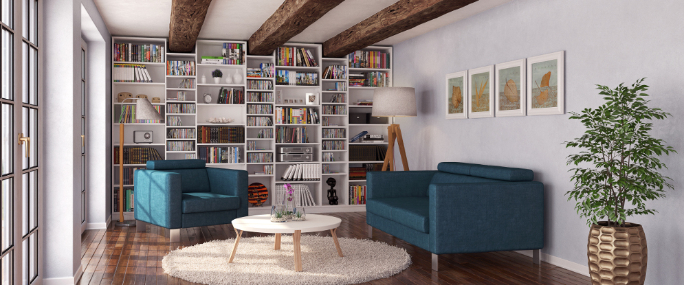 bank en fauteuil op maat en op maat gemaakte schappenkast met hoogteverschil